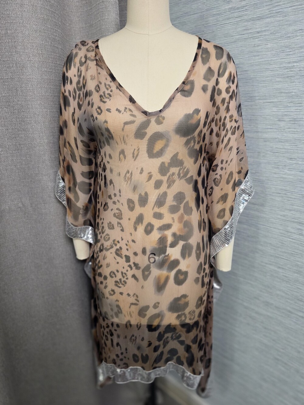 Sheer Leopard-print Silver Sequins Kaftan